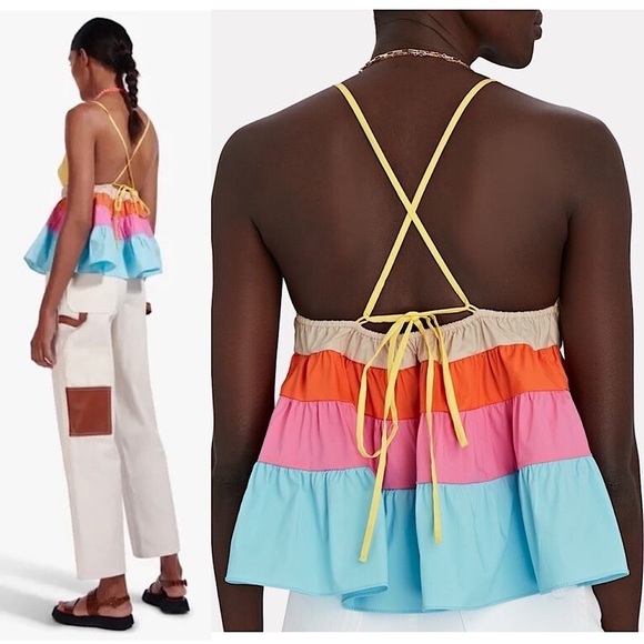 STAUD Colorblock Rainbow Stripe Sleeveless V-Neck Tiered Ruffle Babydoll Top S - Picture 5 of 13